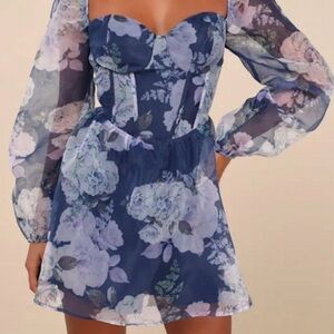 Lulus NWT Floral loral Blue Dress with Sleeves